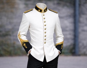 Men's White Formal Shirt <b>Jacket</b> Sailor Collar Epaulet Embroidered Regular Sleeve Single Breasted <b>Slim</b> <b>Fit</b> - Product Image 1
