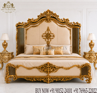 Lit Maharaja en bois antique avec tabouret, mobilier de chambre à coucher de style baroque pour villas de luxe, ensemble de chambre à coucher en teck de Birmanie
