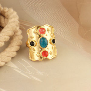 Anillos de boda de moda al por mayor con múltiples piedras de apatita y jade, anillos vintage únicos con gemas redondas lisas de jade rojo y ónix negro para hombre - Product Image 4