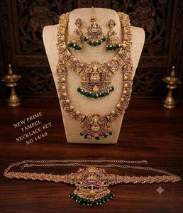 Conjunto de Joyería Tradicional para Novia, Chapado en Oro, Collar Largo Lakshmi, Pendientes, Cadena para la Cintura y Mang <span class=keywords><strong>Tika</strong></span>, Venta al Por Mayor - Product Image 3