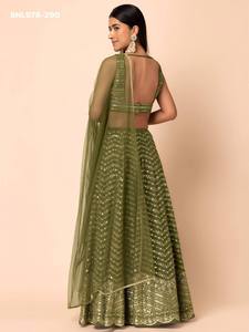 Proveedor de conjuntos de lehenga verde oliva semicosturados con corte en A, de georgette de alta calidad con hilo Zari y múltiples lentejuelas, de Surat. - Product Image 3