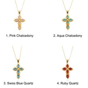 Collar de alta calidad con colgante de cruz de cuarzo azul suizo talla pera, con cuentas, diseño de latón chapado en oro de 18k. - Product Image 2