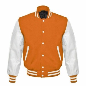 Men's Orange Varsity <b>Jacket</b> With <b>White</b> Sleeves Button Closure Regular Fit Casual Style Autumn Wear - Product Image 1