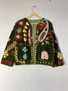 Green <b>Velvet</b> Bohemian Embroidered <b>Jacket</b> With Floral Pattern Long Sleeve Open Front Flap Pockets Casual Style - Product Image 1