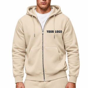 Sudadera con Capucha Beige para Hombre, Color Sólido, 100% Algodón, Felpa Francesa, Corte Regular, Casual, Logotipo Frontal Impreso y Bordado - Product Image 1