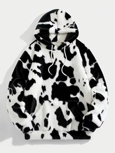 <b>Mens</b> Winter Brown Cow Print Fluffy Hoodie <b>Sherpa</b> <b>Fleece</b> Oversized Fuzzy Warm Pullover Animal Print Hooded Sweatshirt - Product Image 6