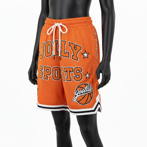 Pantalones Cortos de Baloncesto Ligeros de Malla de Poliéster de 180 GSM, Color Naranja Vibrante, Parche Bordado, Dobladillo con Rayas - Product Image 4