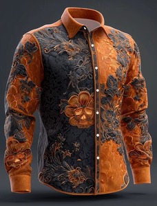 Camisa de Manga Larga para Hombre con Estampado Floral de Calaveras del Día de Muertos, Ropa Casual de Calle para Otoño, Cómoda, de Poliéster - Product Image 6