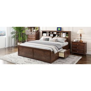 Letto King-Size con Piattaforma in Legno Anticato, Testiera Multi-Scomparto e Cassetti con Porte USB - Product Image 4