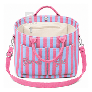 Bolsa de lona personalizada de la hermandad Gamma Phi Delta, azul cielo y rosa, con logotipo bordado, a rayas, para uso diario, de gran capacidad. - Product Image 2