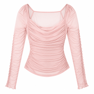 <b>Women's</b> Solid Gothic Ruched Knitted Chiffon Tank <b>Top</b> <b>Square</b> <b>Neck</b> Long Sleeve Sheer Statement Party Shirt Lightweight 120g OEM - Product Image 2