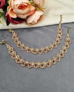 Paire de chevillères exquises en cristal perlé, finition or antique, bijoux de pied délicats pour mariage indien, Payal, ornés de pierres, vente en gros - Product Image 5