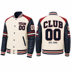Men's Varsity <b>Jacket</b> Cream Navy Red PU <b>Leather</b> Embroidered Team Club 00 Preppy Style Autumn Wear - Product Image 1