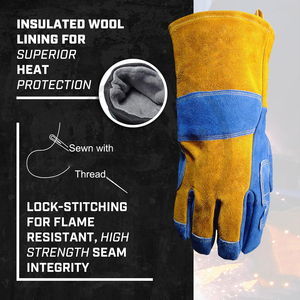 Gants de travail en cuir de vachette bleu et jaune à manches longues, paume renforcée, doigts entiers, pour atelier, protection des mains, gants de soudage en cuir personnalisés - Product Image 5