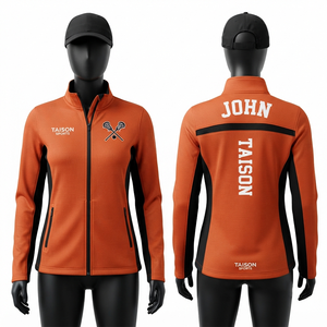 <b>Womens</b> Lacrosse Training <b>Jacket</b> 280 GSM Premium Polyester Interlock Orange <b>Black</b> Contrast Panels Custom Sublimation Logo - Product Image 1