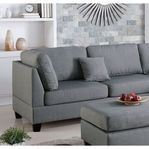 Set di 3 Divani Reversibili con Pouf in Tessuto Poliestere Grigio, Arredamento per Soggiorno, Cuscini per Divano Componibile - Product Image 2