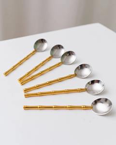 Silver Spoons With Gold Plated Bamboo Design Handle Perfect For Restaurant Tabletop <b>Coffee</b> Tea And Special Gifts From India - Product Image 1