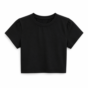 Camiseta Corta de Cuello Redondo Vintage para Mujer, Manga Corta, Color Negro Sólido, Informal, Ajustada, Tejido de Punto Jersey, 100% Algodón, Primavera - Product Image 1