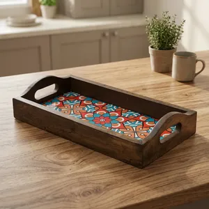 Printed Wooden Serving <b>Tray</b> Handmade Mango Wood Platter with Handles Rectangular Tea <b>Breakfast</b> <b>Tray</b> for Kitchen Dining Table - Product Image 5
