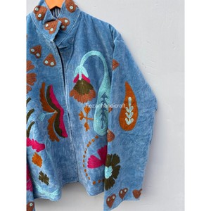 Veste en velours bleu turquoise, veste brodée ouzbèke, manteau unisexe, veste courte d'hiver, veste bohème chic, manteau pour femme - Product Image 2