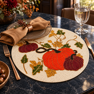 Harvest Pumpkin <b>Glass</b> Beaded Placemat Autumn Vines Gold Details | Modern Seasonal <b>Table</b> <b>Mat</b> Fall Dining Decor Durable Heat - Product Image 3