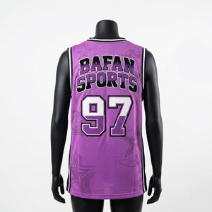 Camiseta de baloncesto para mujer, premium, 160 GSM, tela de malla de poliéster, panel lateral morado y negro, sin mangas, logotipo sublimado personalizado, algodón - Product Image 5