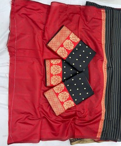 Sari de Seda Rojo y Negro con Borde Dorado, Traje Tradicional Indio para Bodas, para Mujer, Largo hasta el Suelo, Corte Regular - Product Image 5