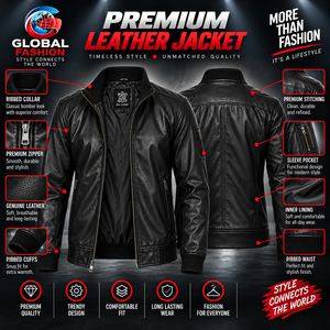 <b>Men's</b> Black Genuine Cow Skin Leather Bomber <b>Jacket</b> Stand Collar Zipper Closure Moto <b>Biker</b> Style Winter Wear - Product Image 6