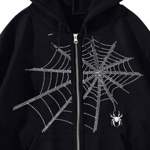Sweat à capuche Wearpex Spider Web Rhinestone 100% coton molletonné pour homme et femme, fermeture éclair noire, style streetwear oversize unisexe, bling, luxe, hip-hop - Product Image 4
