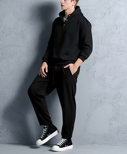 Men's Black Hooded Sweatshirt Set Solid Color Casual Autumn Wear Polyester/Cotton French Terry Knitted Fabric 380g Breathable - Product Image 3