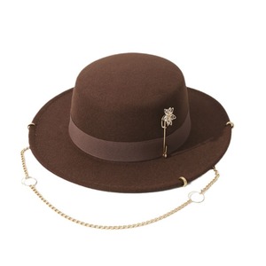 Sombrero Fedora marrón de ala ancha con pin de flor y cadena para mujer, ropa informal de primavera y verano, estilo europeo - Product Image 3