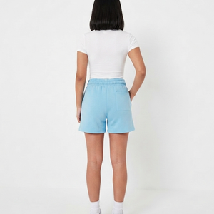 Jupe-short en molleton bleu clair pour femme, taille haute élastique avec poches, coupe décontractée, couleur unie, tricotée, respirante - Product Image 6