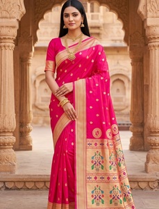 Sari en soie Banarasi rose brodé, robe traditionnelle indienne, tenue de mariage et de festival - Product Image 1