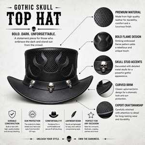 Unisex Leather <b>Top</b> Hat with Embossed Flames and <b>Skulls</b> Casual Style Adjustable 56-58CM Adult Party Hat - Product Image 6