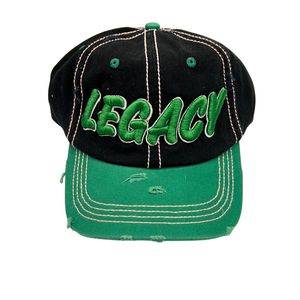 Black and Green Distressed Baseball <b>Cap</b> with Green Embroidered Letter Design Adjustable <b>Vintage</b> Cotton Casual Outdoor Unisex Hat - Product Image 1