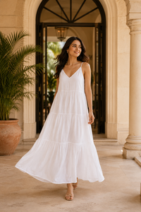 Vestido Midi de Verano para Mujer, Blanco, Cuello en V, Tirantes Finos, Estilo Bohemio, de Algodón Ecológico, Vintage, para la Playa - Product Image 5