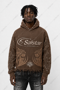 Sweat-shirt à capuche personnalisé marron vieilli avec strass pour homme, style streetwear, logo personnalisé, impression graphique et manches ornées - Product Image 4