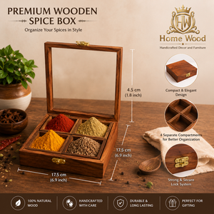 Wooden Spice <b>Box</b> with 4 Compartments Masala Storage Organizer Handmade Kitchen <b>Herb</b> Container Durable Wood Material - Product Image 2