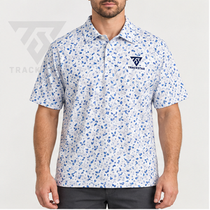 เสื้อโปโลผู้ชาย Trackstar สีขาว-น้ำเงิน ลายใบไม้แบบนามธรรม แขนสั้น คอปกติดกระดุม เสื้อกอล์ฟลำลอง สกรีนโลโก้ได้ - Product Image 1
