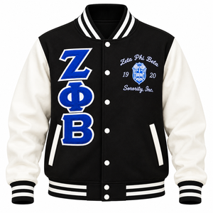 Chaqueta Universitaria Zeta Phi Beta para Mujer, Negra con Mangas Crema, Azul Rey, Letras Griegas Bordadas en Chenilla, Escudo 1920, Chaqueta Letterman - Product Image 3