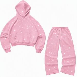 Ensemble de survêtement rose à imprimé étoiles pour femme, coupe décontractée, sweat-shirt et pantalon long avec cordon de serrage et taille élastique - Product Image 1