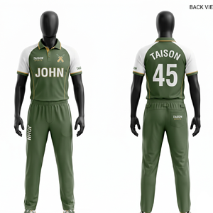 Uniforme de cricket pour hommes 180GSM en polyester interlock marron doré avec design géométrique sur les côtés, impression par sublimation, nom, numéro et logo personnalisés - Product Image 5