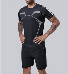 Camiseta deportiva de manga corta con estampado geométrico azul para hombre, cuello redondo, de secado rápido, tejido de punto, corte ajustado, longitud regular - Product Image 2