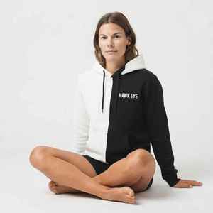 Sweat-shirt à capuche pour femme, color-block blanc et noir, manches longues, en coton, avec poches, logo sur le devant, style décontracté, pour l'automne - Product Image 4