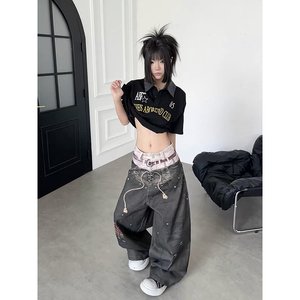 Jean en denim écologique respirant taille haute coupe droite Cyber Grunge Y2K pour femme, délavé, coupe oversize, jambe large, style streetwear 100% - Product Image 3