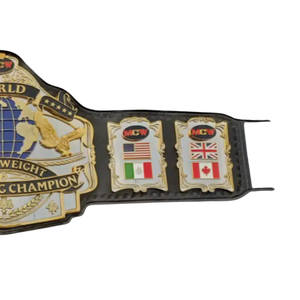 เข็มขัดแชมป์โลกเฮฟวี่เวท WWE ดีไซน์สีทองและสีดำ พร้อมธงชาติและโลโก้ MCV - Product Image 3