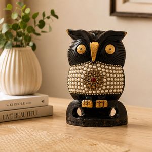 Figura de Búho de Madera Tradicional Hecha a Mano con Incrustaciones de Piedras Preciosas, Escultura Decorativa para Mesa - Product Image 6