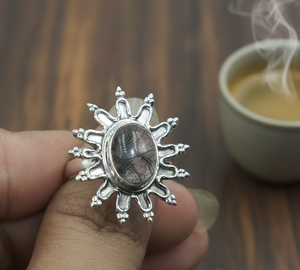 Black Rutile <b>Quartz</b> Sunburst <b>Ring</b> 925 Sterling Silver Rose Gold Yellow Gold Plated Handmade Statement Floral Design <b>Ring</b> for her - Product Image 2