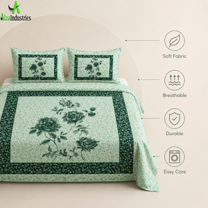 Ensemble de draps en coton vert menthe pour lit king size |   Parure de lit 3 pièces vintage à imprimé floral avec housses de coussin, literie douce et élégante - Product Image 3