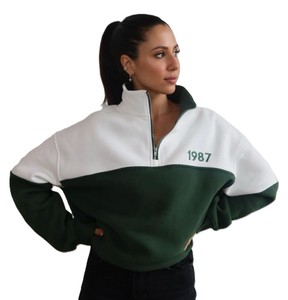 Sudadera extragrande de invierno para mujer con cremallera de un cuarto, estampado 1987, hombros caídos, forro polar, estilo casual - Product Image 1